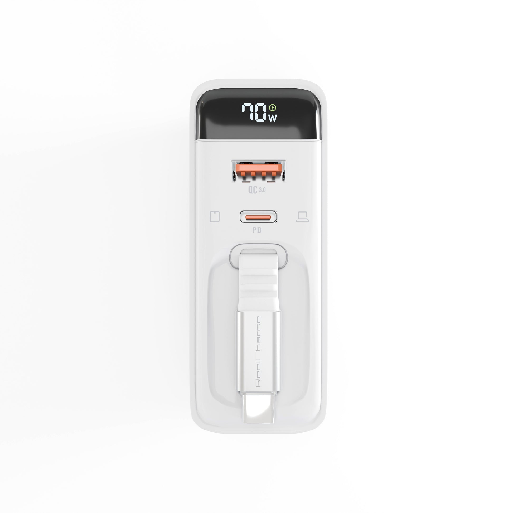 Front view of the white ReelCharge 70W 3-in-1 wall charger showing the ports and cable bay