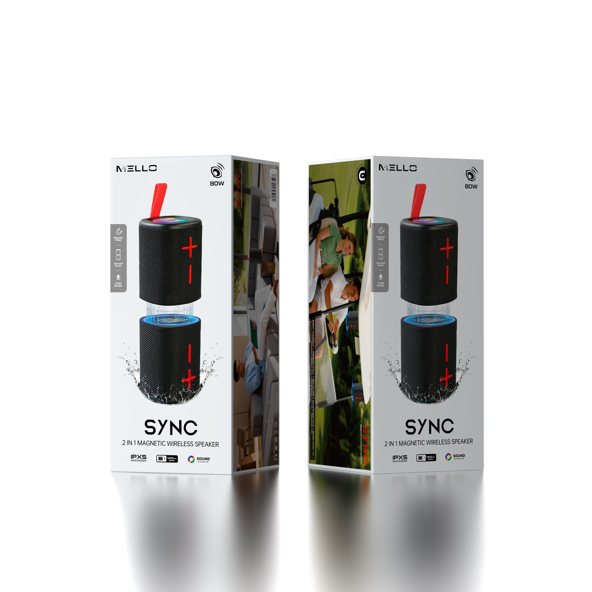 Retail packaging for the Mello Sync 2-in-1 magnetic Bluetooth speaker in Black