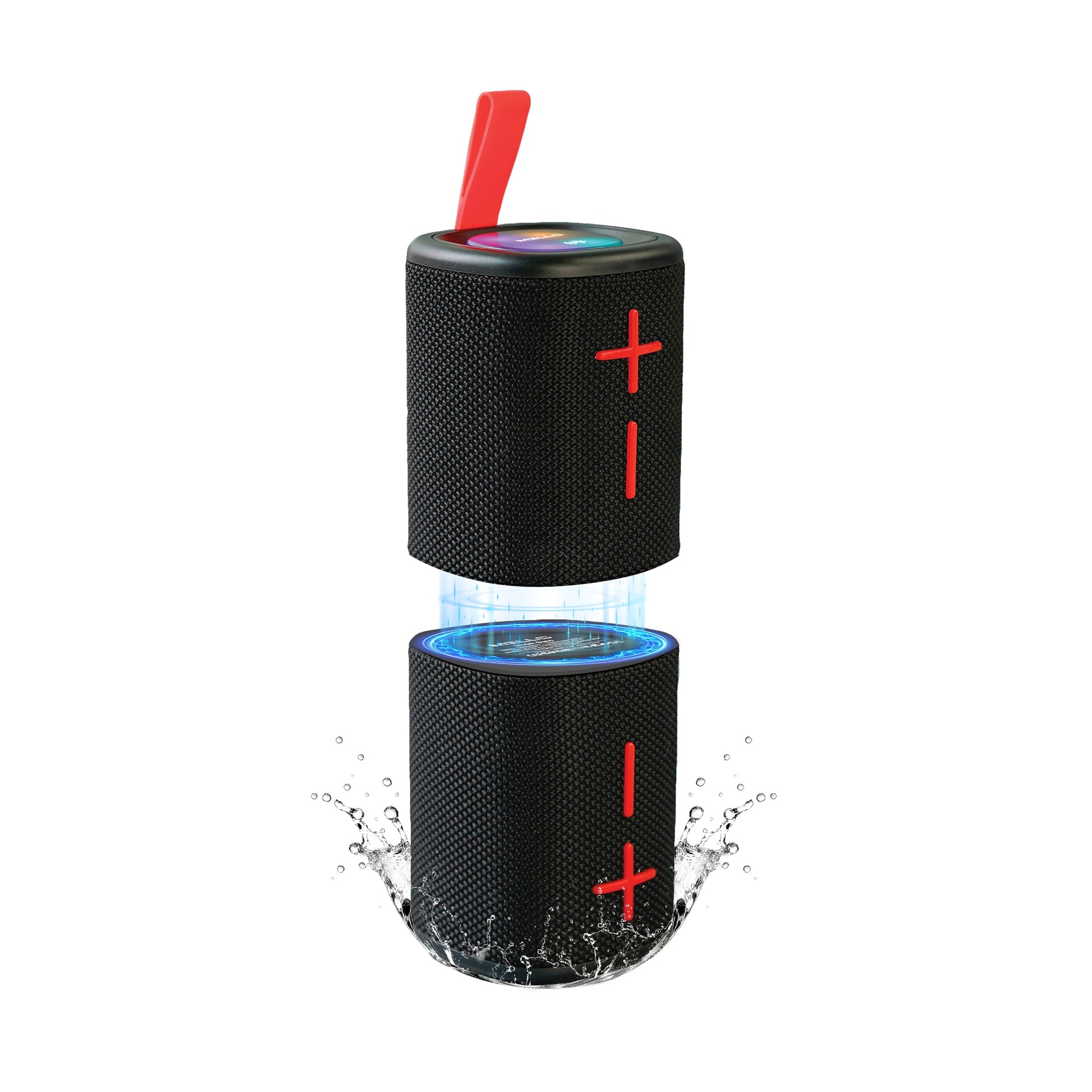 Black Mello Sync speaker split into its two magnetic halves with a water splash