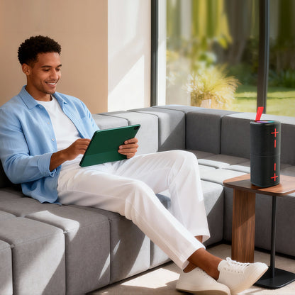 Man on a couch listening to the Black Mello Sync Bluetooth speaker on a side table