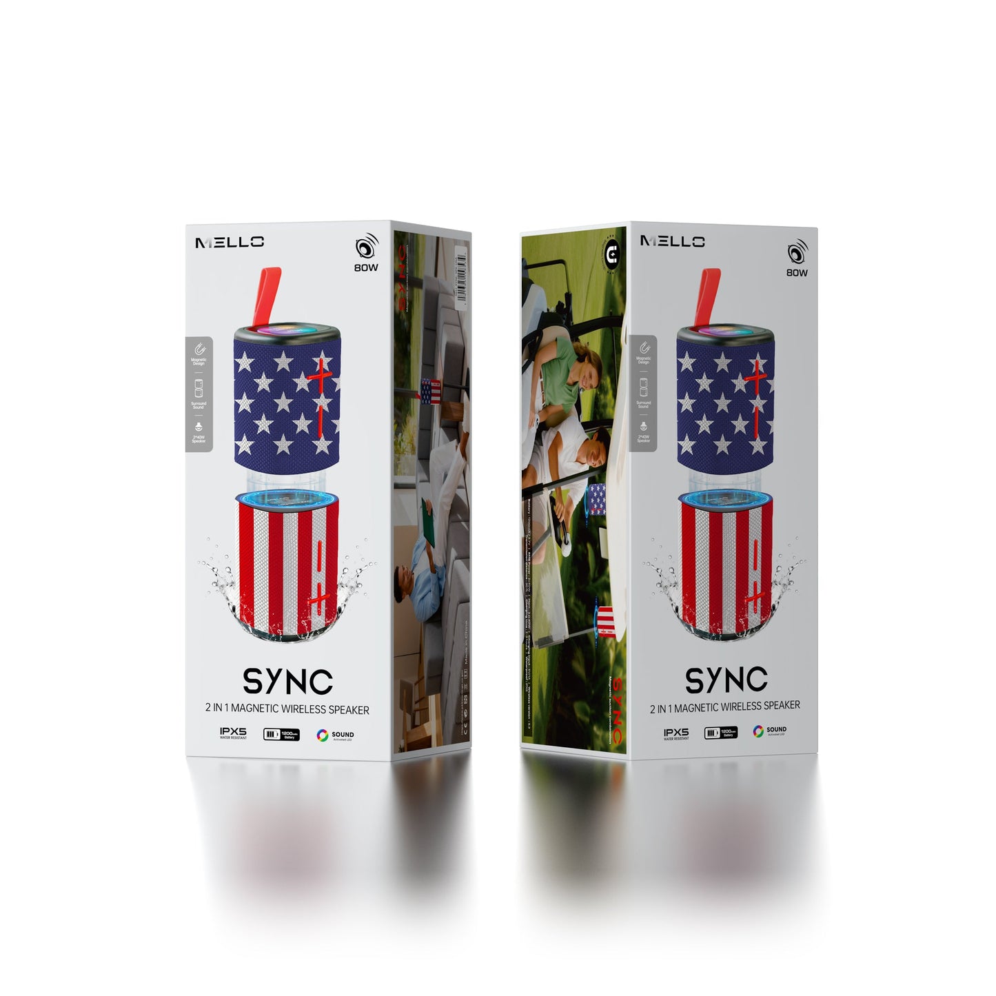 Retail packaging for the Mello Sync 2-in-1 magnetic Bluetooth speaker in the USA Flag design