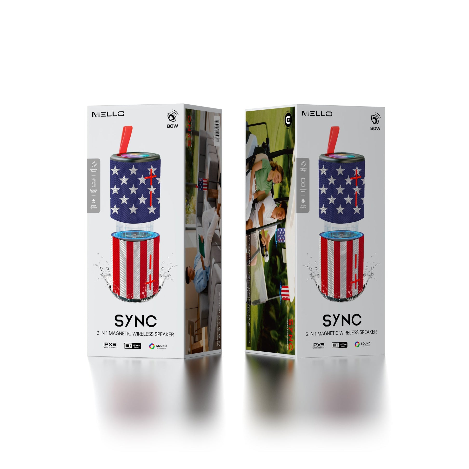 Retail packaging for the Mello Sync 2-in-1 magnetic Bluetooth speaker in the USA Flag design
