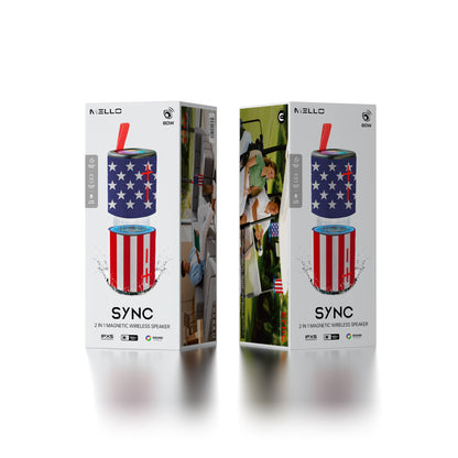 Retail packaging for the Mello Sync 2-in-1 magnetic Bluetooth speaker in the USA Flag design
