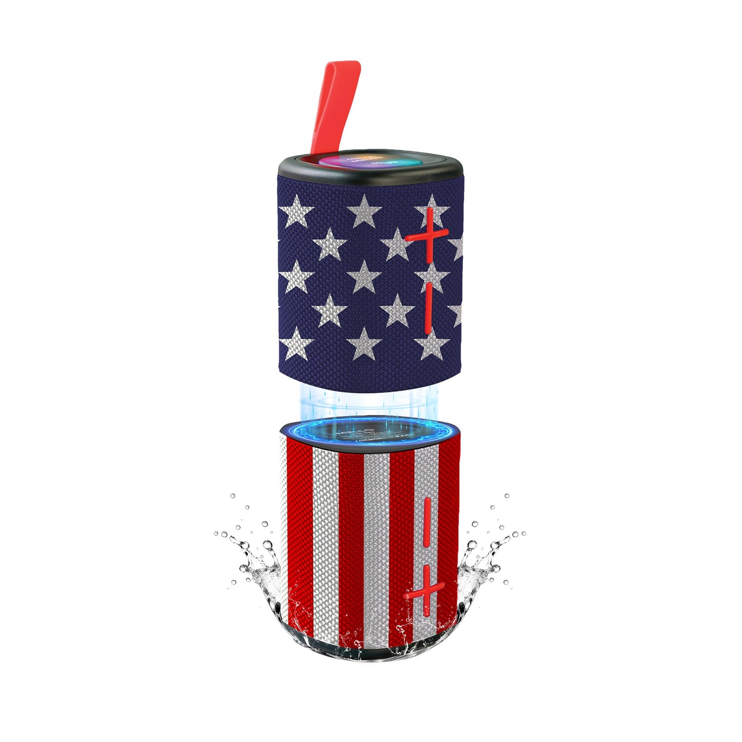 USA Flag Mello Sync speaker split into its stars and stripes magnetic halves with a water splash