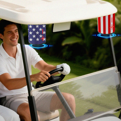 Two halves of the USA Flag Mello Sync magnetic speaker attached to a golf cart roof