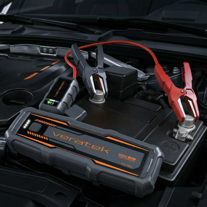 Veratek V10 Pro jump starter connected to a car battery in an engine bay