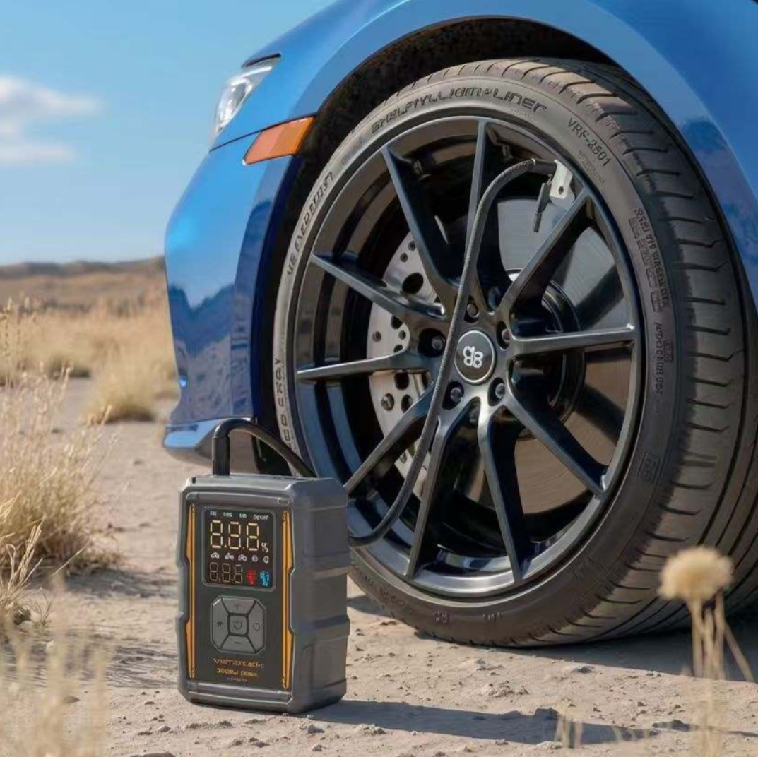 Veratek V8 Pro Air inflating the tire of a blue sports car on a desert road
