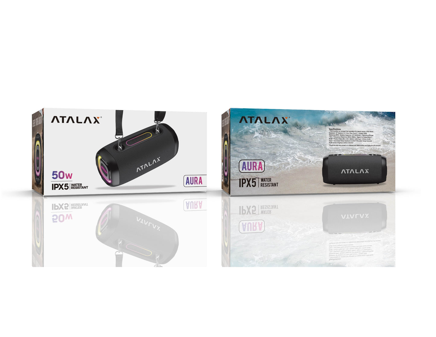 Retail packaging for the Atalax Aura 50W IPX5 portable Bluetooth speaker