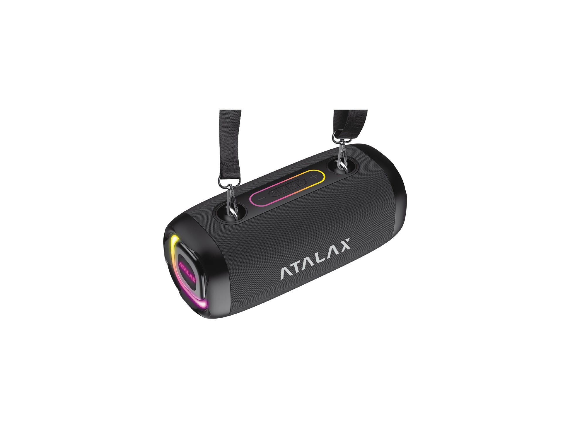 Black Atalax Aura Bluetooth speaker with RGB accent light and shoulder strap