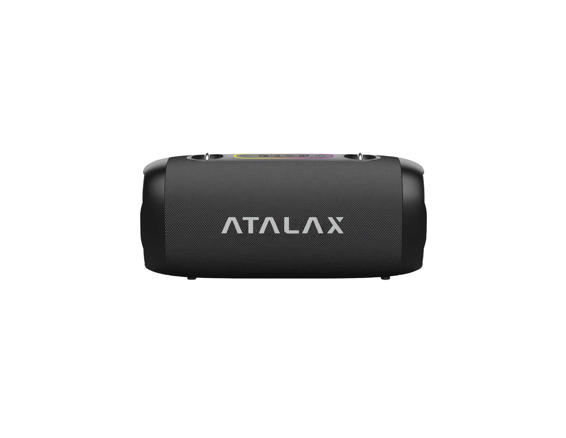 Rear view of the black Atalax Aura 50W wireless speaker cylinder