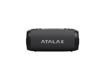 Rear view of the black Atalax Aura 50W wireless speaker cylinder