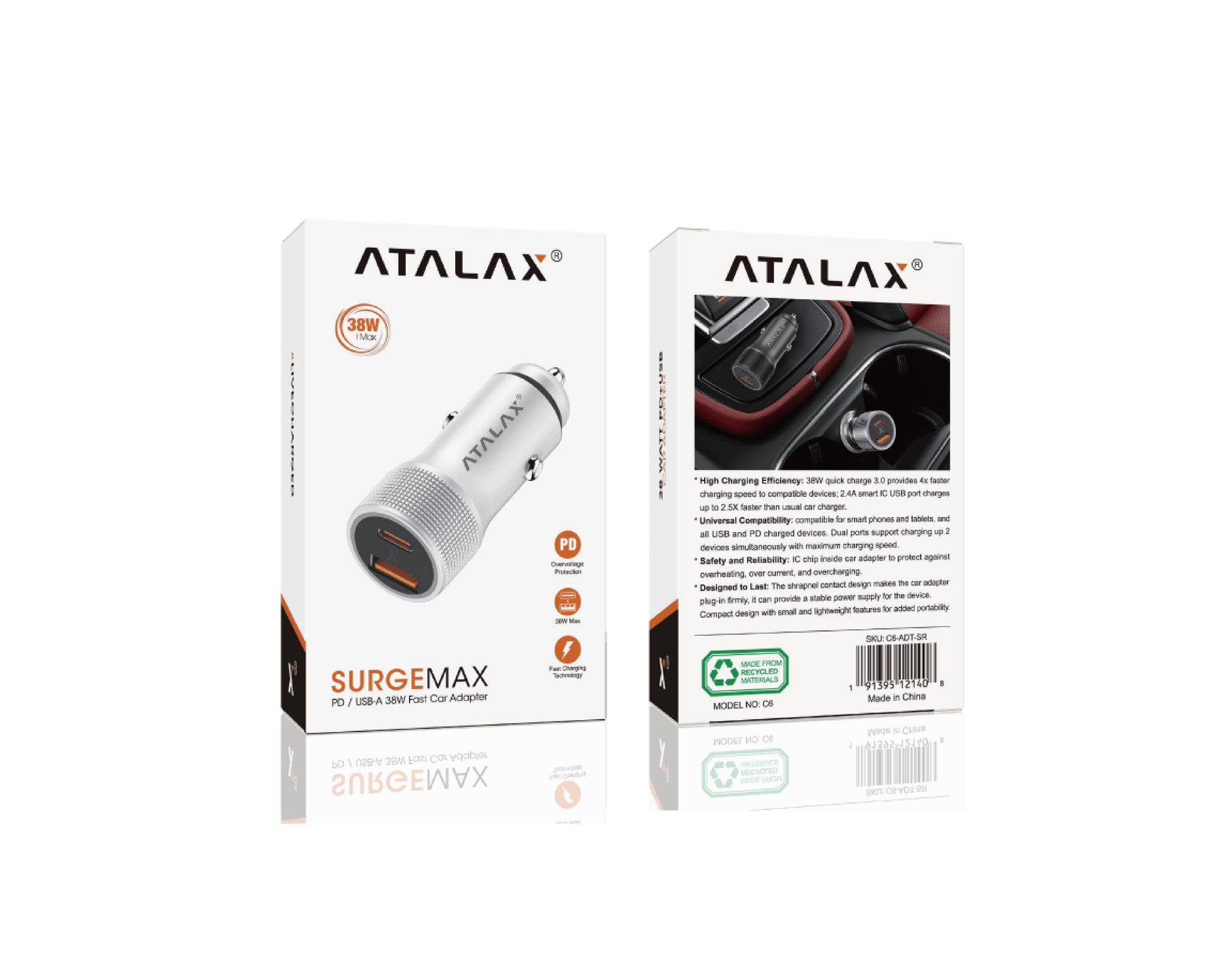Atalax SurgeMax C6 38W Car Charger – USB-C + USB-A, White