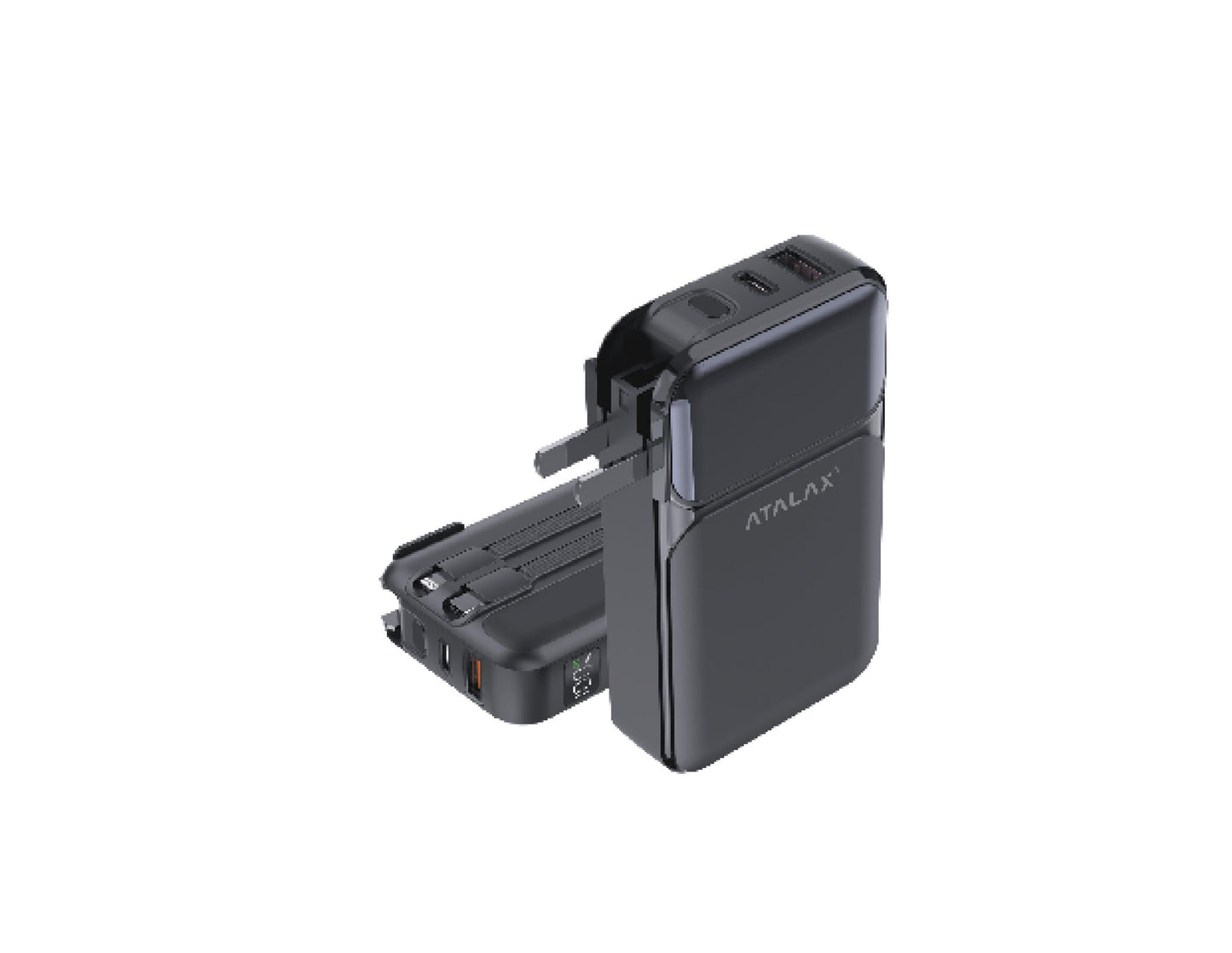Atalax Plug 10,000 mAh Power Bank – Built-In AC Wall Plug & Cables, 30W, Black