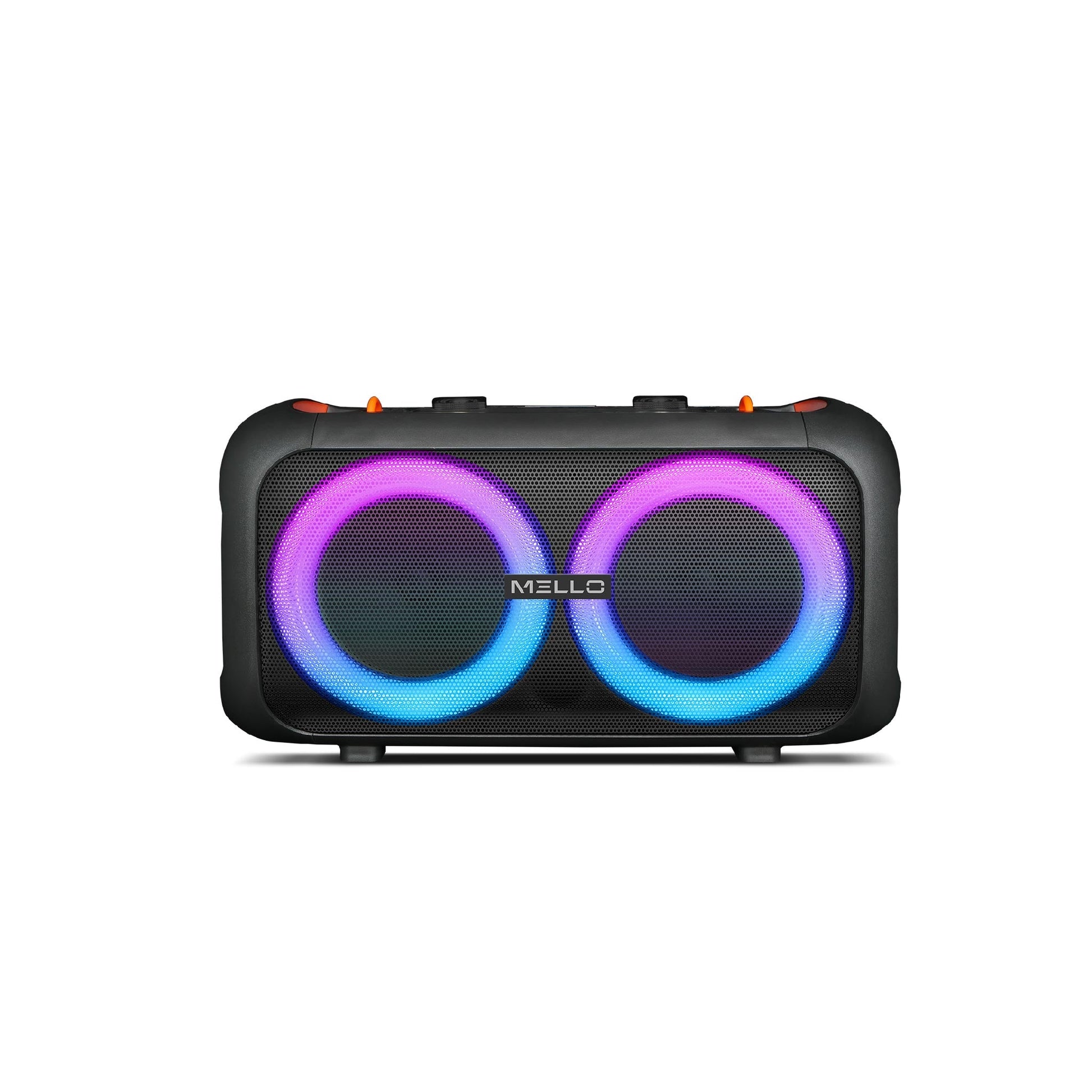 Mello Orbit 2800W party Bluetooth speaker with dual 6.5 inch woofers and purple and blue RGB light rings