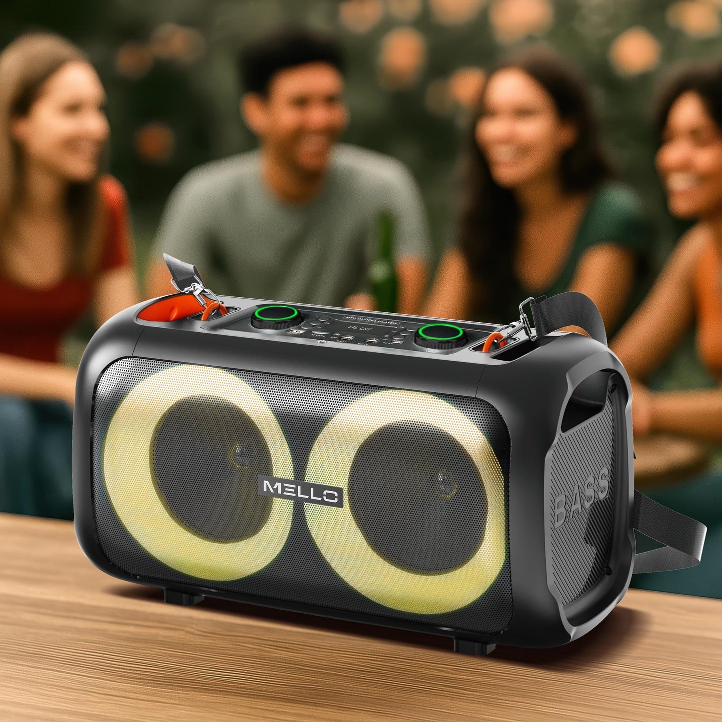 Mello Orbit Bluetooth speaker with yellow light rings on a table at an outdoor party