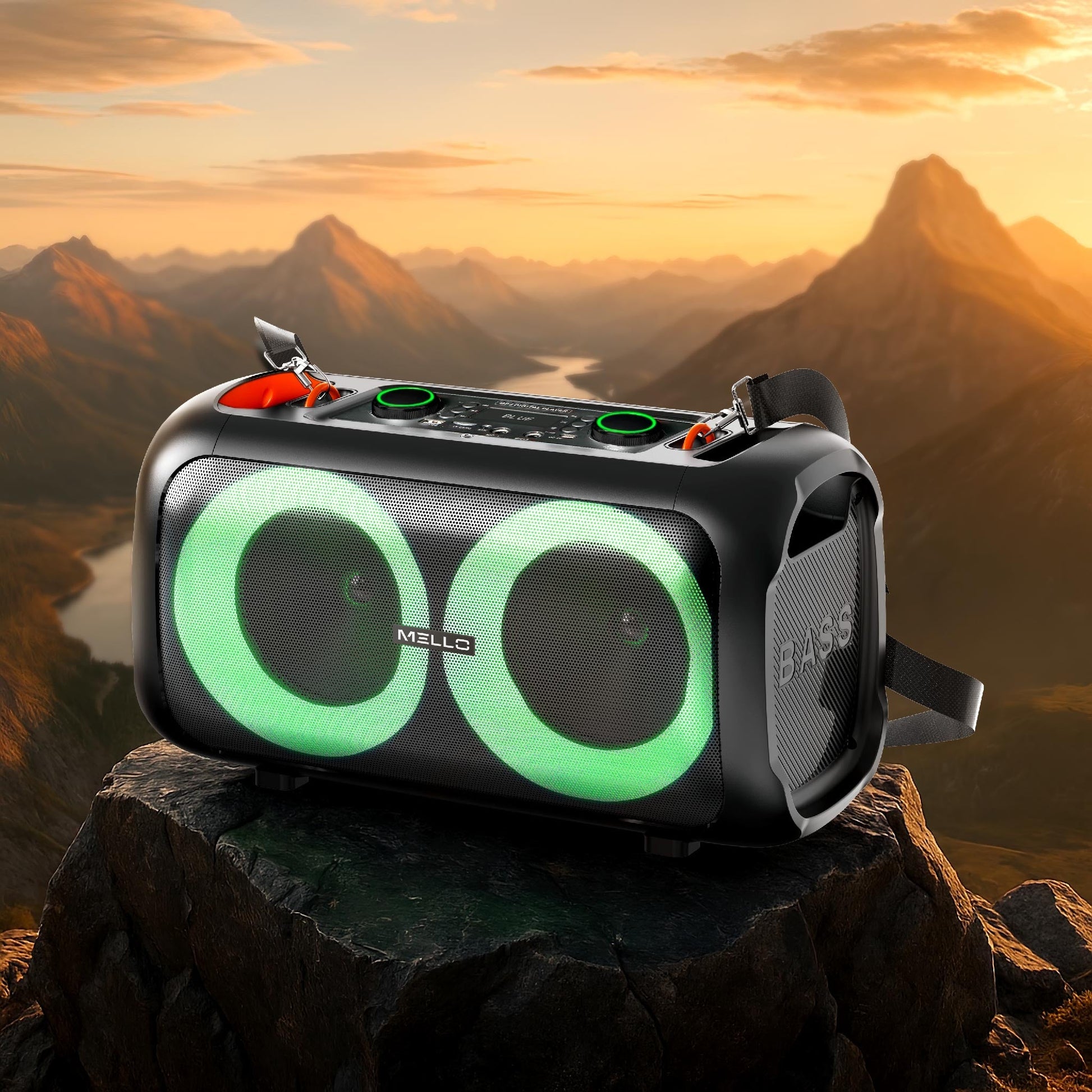 Mello Orbit party speaker with green RGB light rings on a mountain overlook at sunset