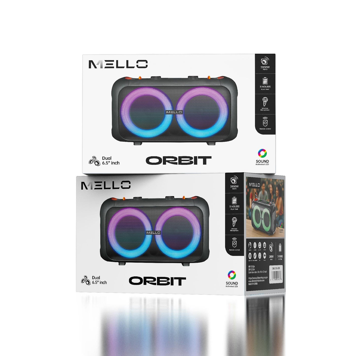 Retail packaging for the Mello Orbit dual 6.5 inch party Bluetooth speaker