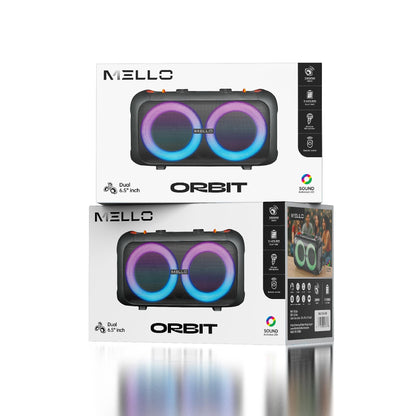 Retail packaging for the Mello Orbit dual 6.5 inch party Bluetooth speaker