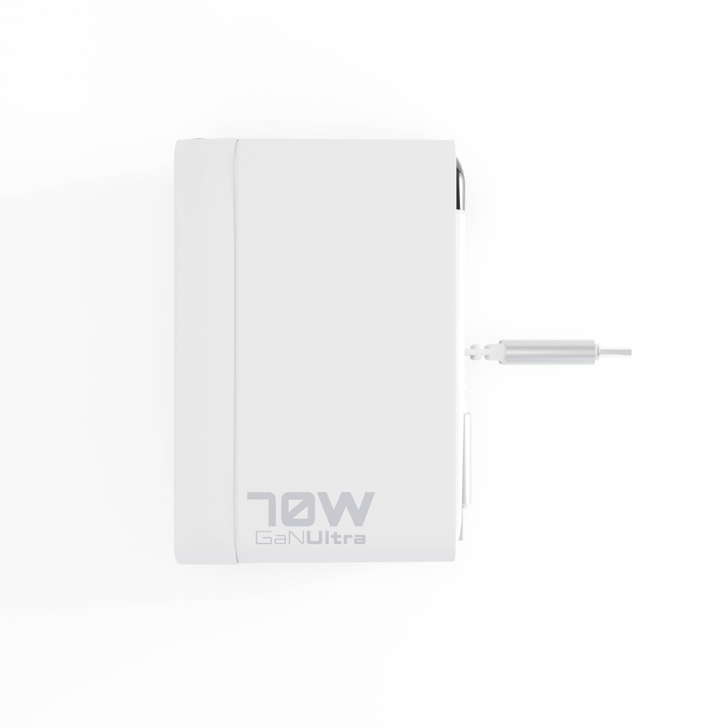Front view of the white ReelCharge 70W GaN Ultra wall charger