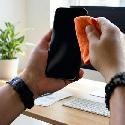 Wiping a smartphone screen clean with the Whoosh orange microfiber cloth at a desk