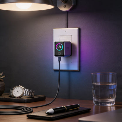 ReelCharge 45W smart wall charger plugged into a wall outlet on a desk at night beside a watch and glass