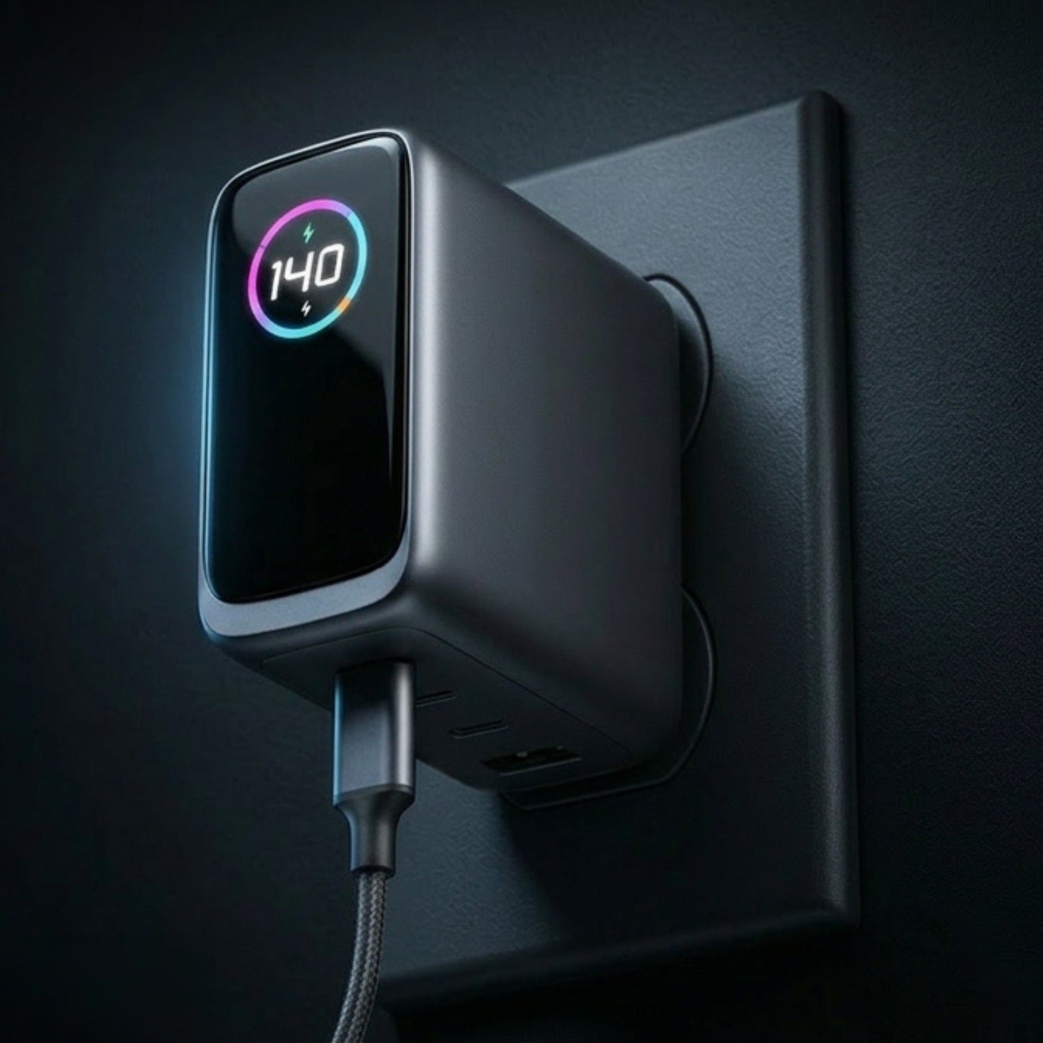 ReelCharge 140W smart laptop charger plugged into a dark wall outlet with a USB-C cable attached