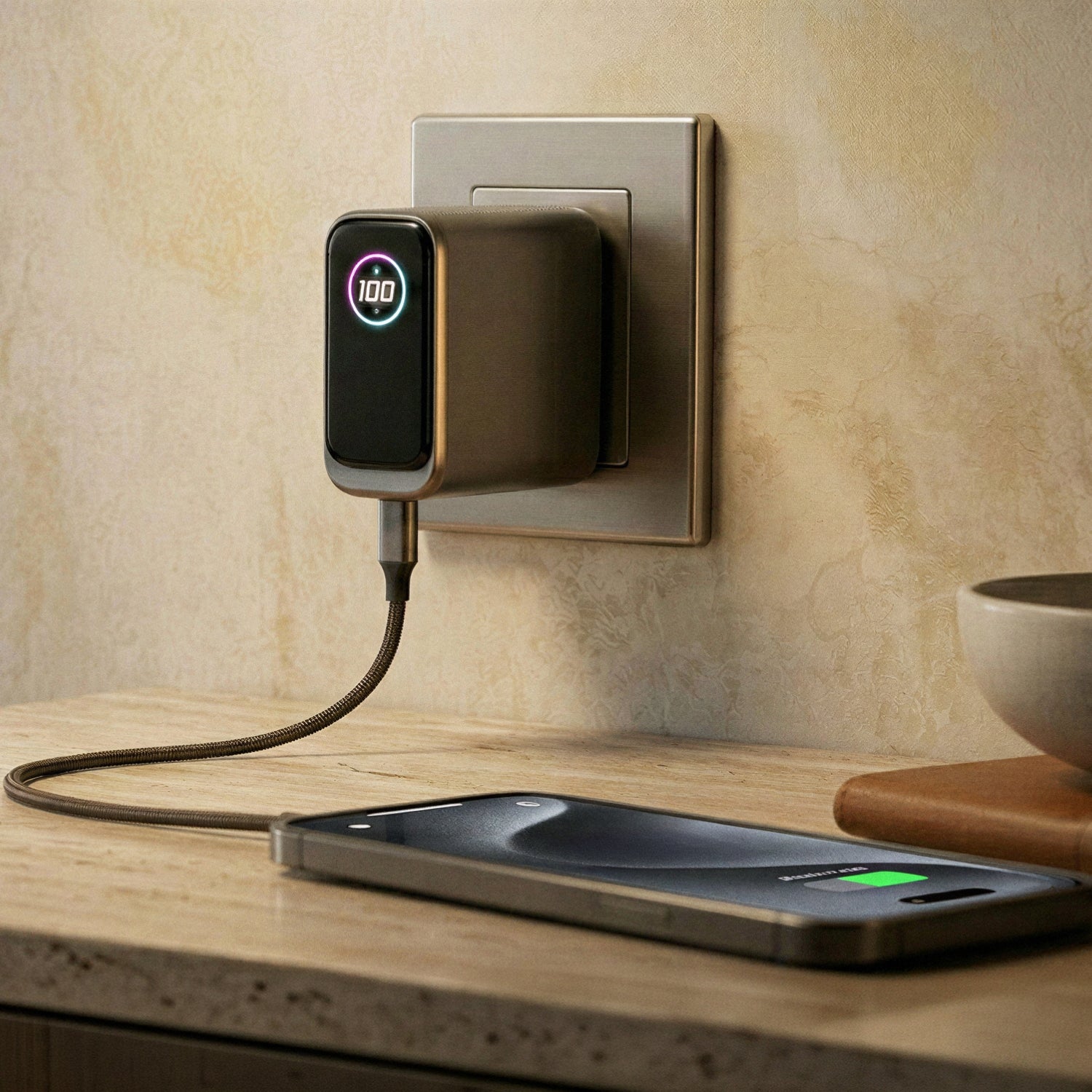 ReelCharge 100W smart laptop charger plugged into a wall outlet charging a phone on a countertop
