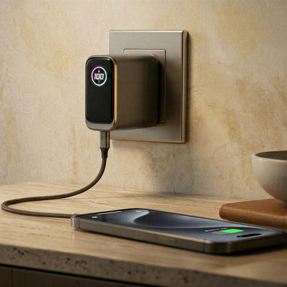 ReelCharge 100W smart laptop charger plugged into a wall outlet charging a phone on a countertop