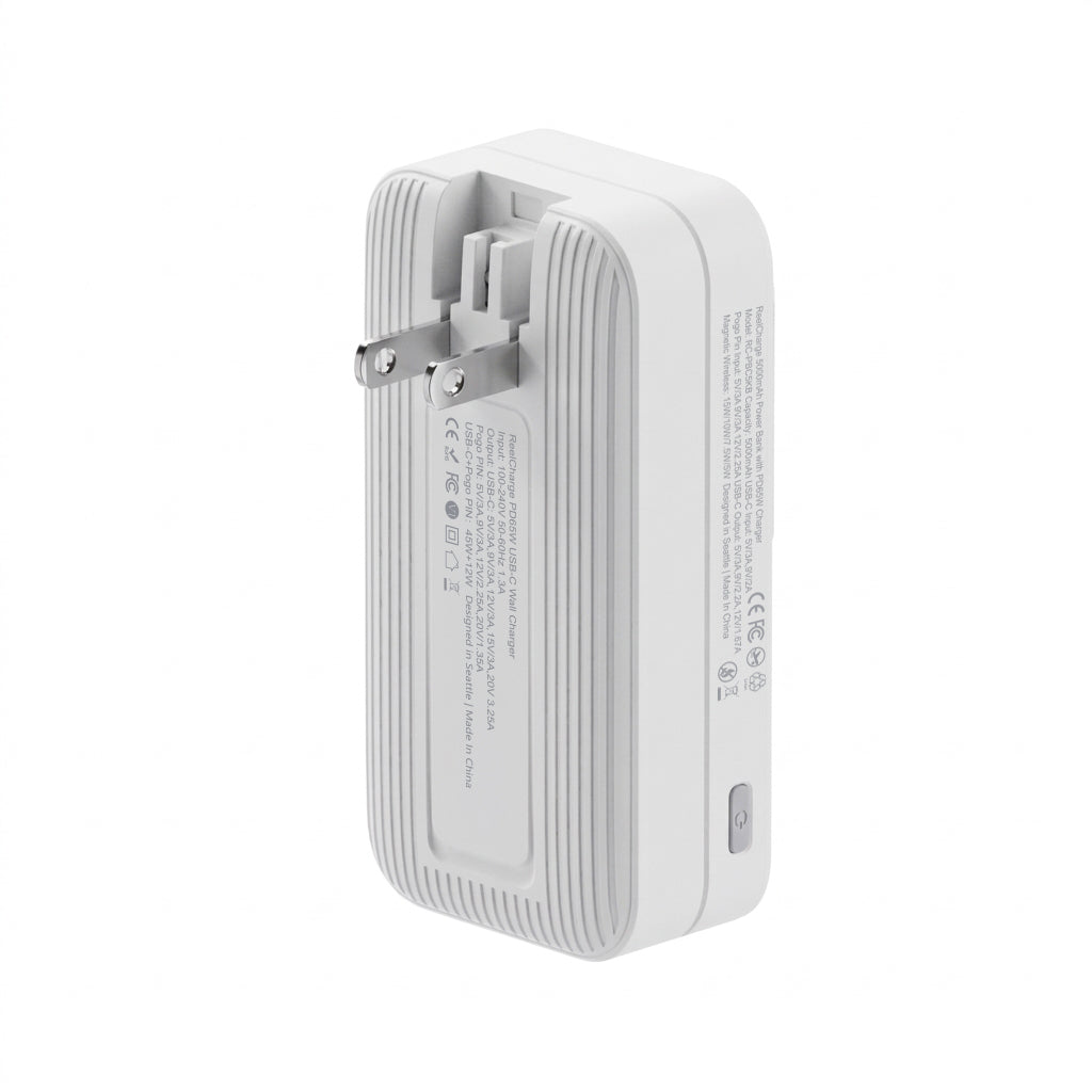 Rear view of the white ReelCharge Fusion 2-in-1 charger with folding wall prongs