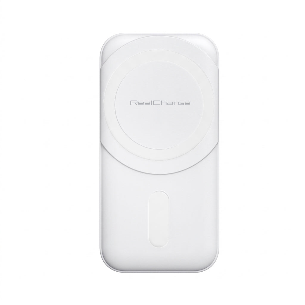 White ReelCharge Fusion power bank showing the magnetic wireless charging pad