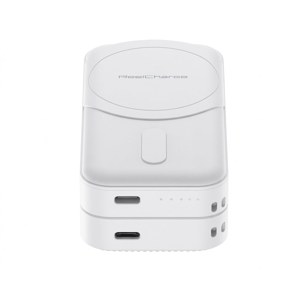 ReelCharge Power Bank Fusion in white with the power bank stacked on the 65W wall charger