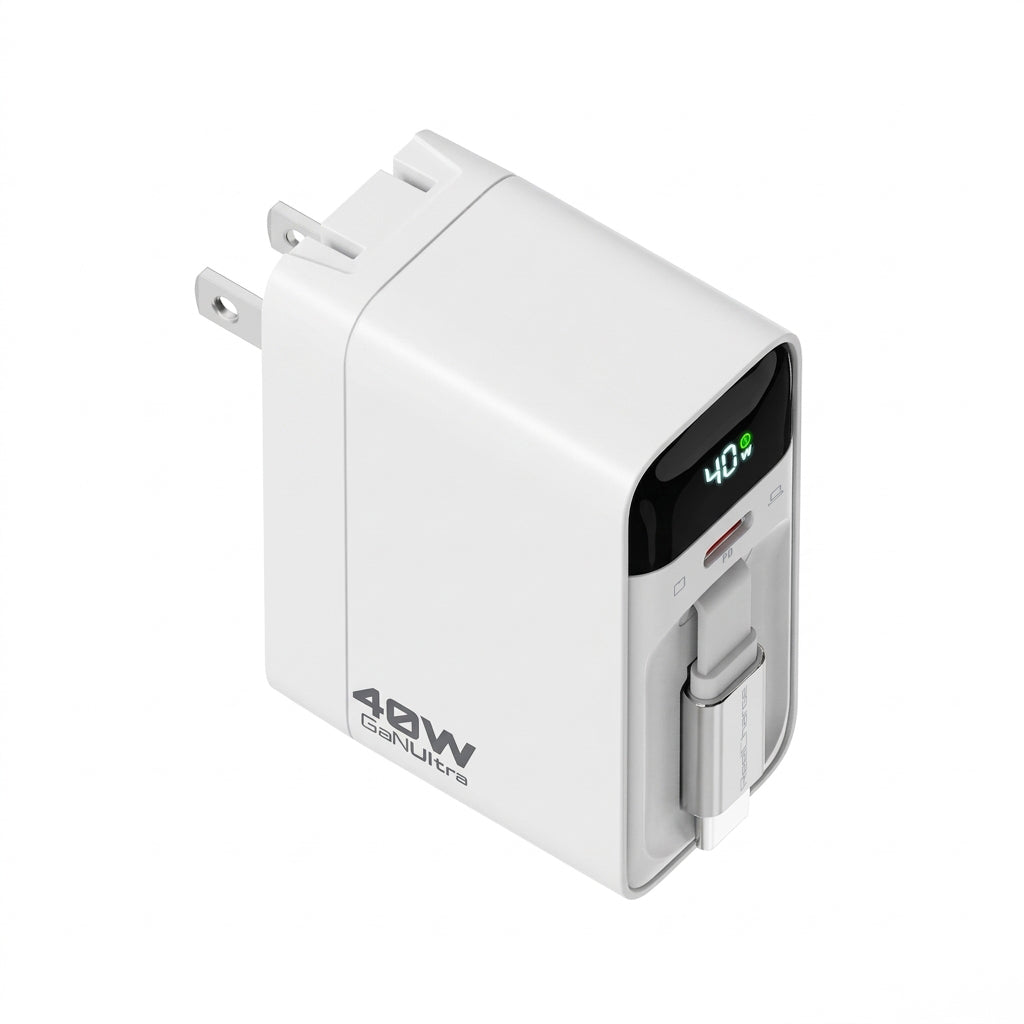 ReelCharge 40W 2-in-1 wall charger in white with folding prongs, LED display and retractable USB-C cable