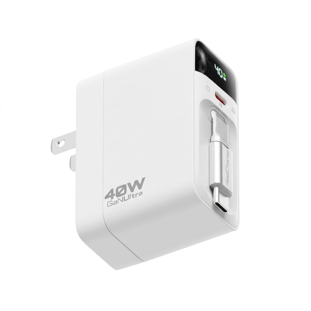 Angled view of the white ReelCharge 40W 2-in-1 wall charger with retractable USB-C cable