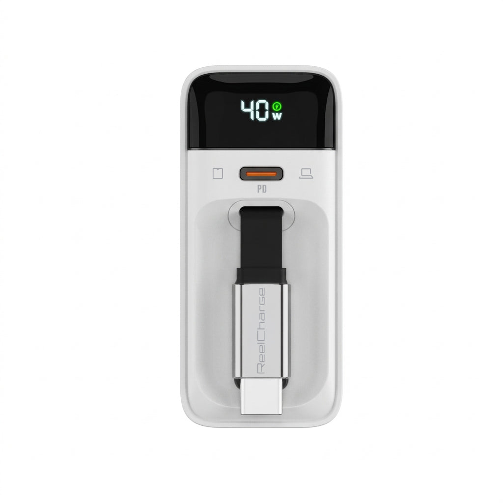 Front view of the white ReelCharge 40W wall charger with the display reading 40W