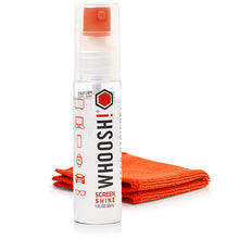 Whoosh Screen Shine Go 1 oz screen cleaner spray bottle with folded orange microfiber cloth