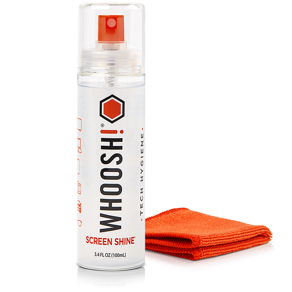 Whoosh Screen Shine Go XL 3.4 oz screen cleaner spray bottle with folded orange microfiber cloth
