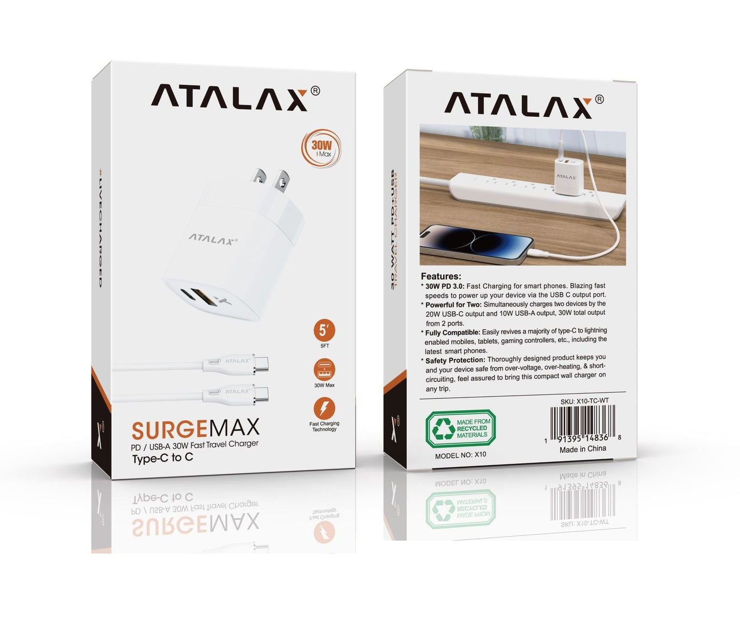 Atalax SurgeMax X10 30W Wall Charger with 5ft USB-C Cable, White
