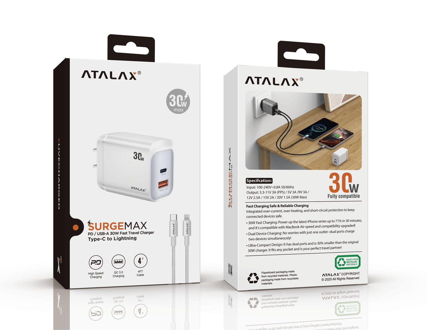 Atalax SurgeMax X14 30W Wall Charger with 4ft Lightning Cable, White