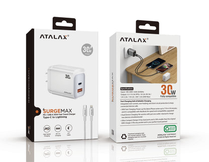 Atalax SurgeMax X14 30W Wall Charger with 4ft Lightning Cable, White