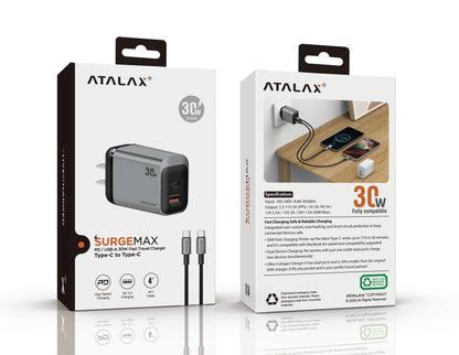 Atalax SurgeMax X14 30W Wall Charger with 4ft USB-C Cable, Black