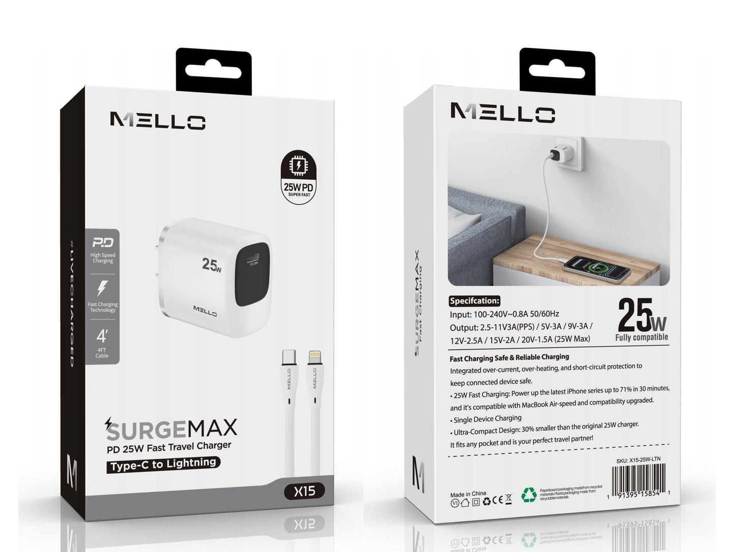 Mello SurgeMax X15 25W USB-C Wall Charger with 4ft Lightning Cable, White