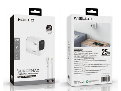 Mello SurgeMax X15 25W USB-C Wall Charger with 4ft Lightning Cable, White
