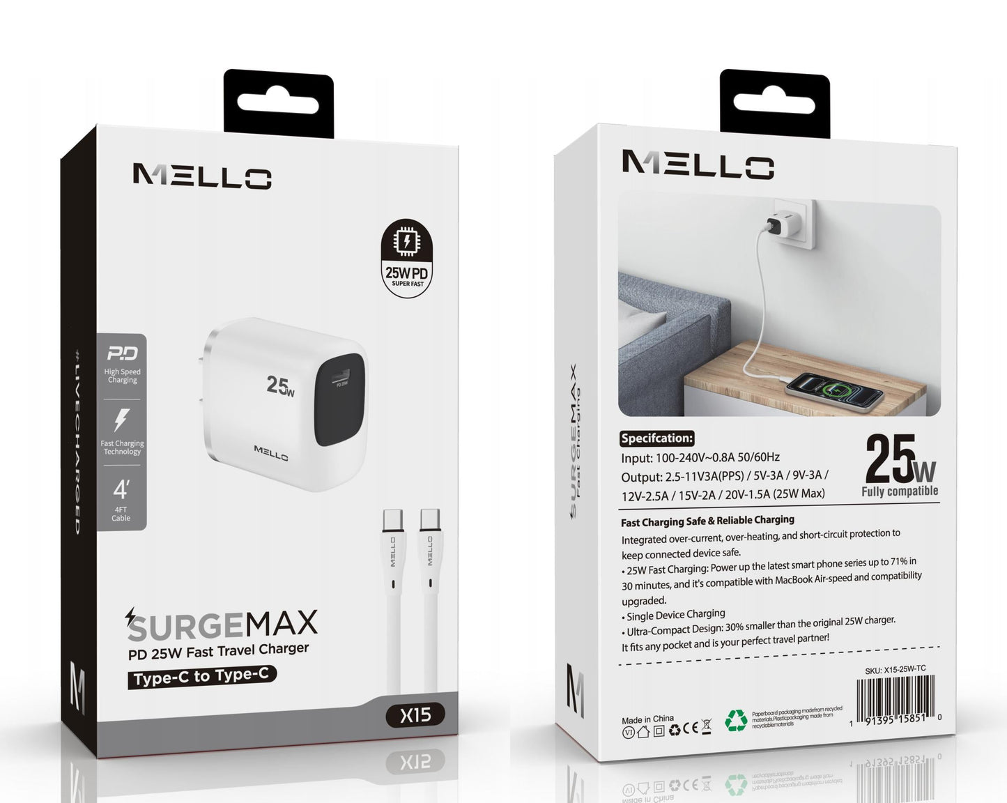Mello SurgeMax X15 25W USB-C Wall Charger with 4ft USB-C Cable, White