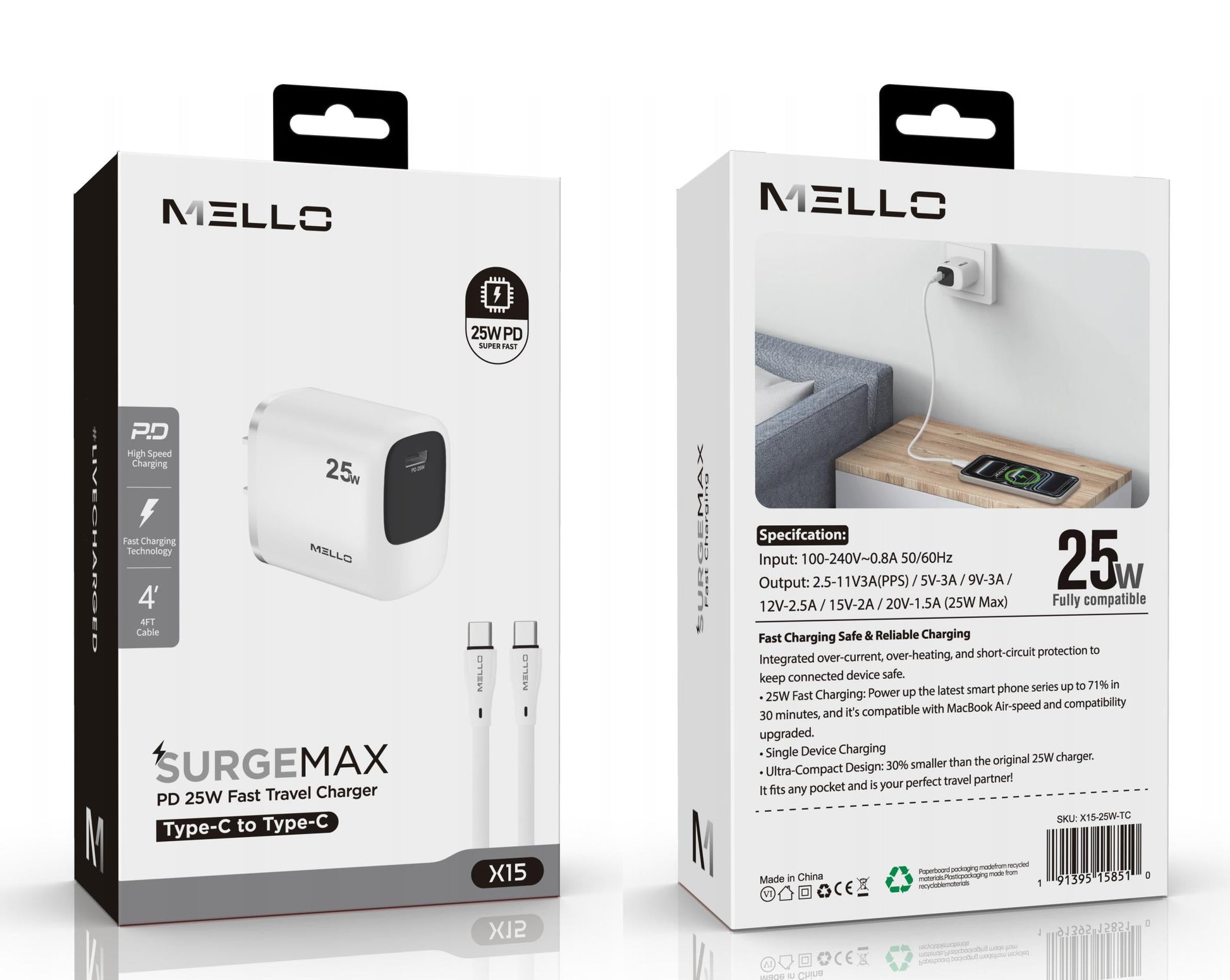 Mello SurgeMax X15 25W USB-C Wall Charger with 4ft USB-C Cable, White