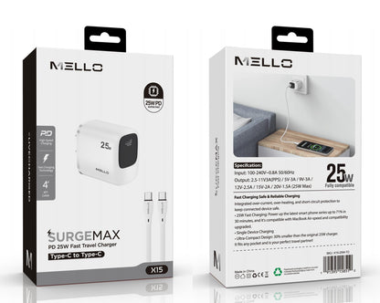 Mello SurgeMax X15 25W USB-C Wall Charger with 4ft USB-C Cable, White