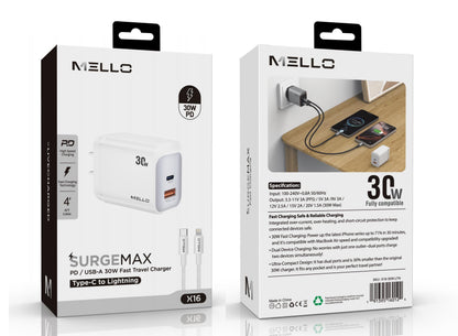Mello SurgeMax X16 30W Wall Charger with 4ft Lightning Cable, White