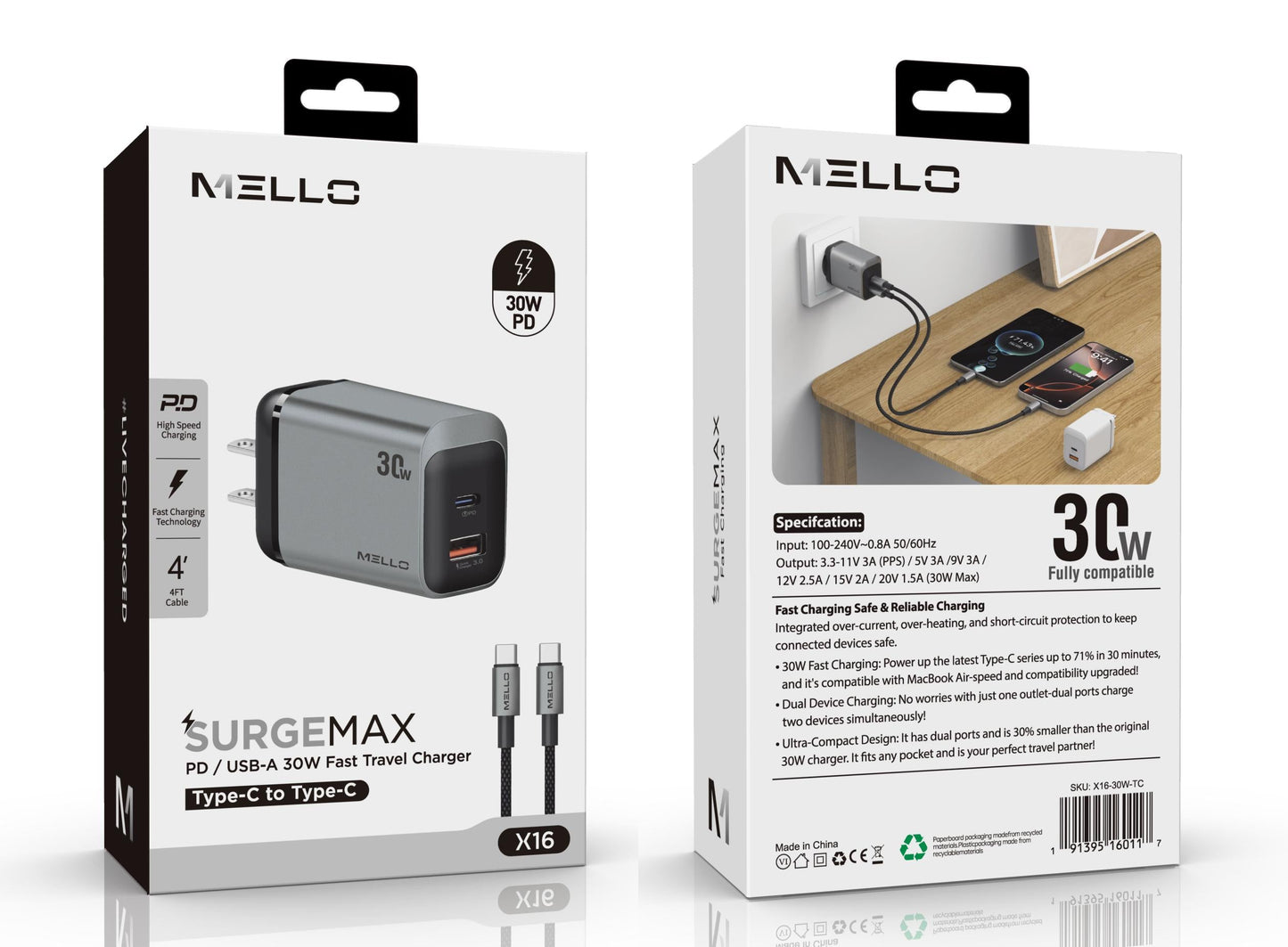 Mello SurgeMax X16 30W Wall Charger with 4ft USB-C Cable, White