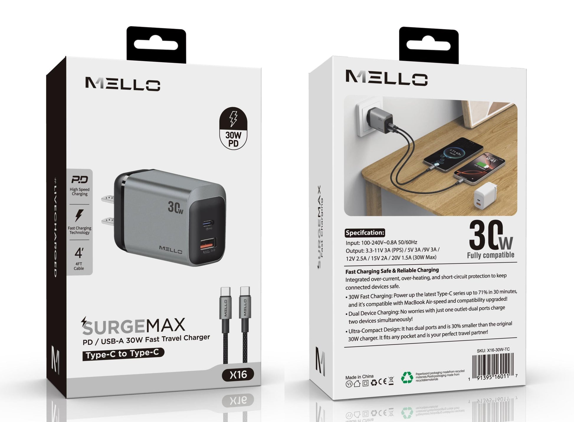 Mello SurgeMax X16 30W Wall Charger with 4ft USB-C Cable, White
