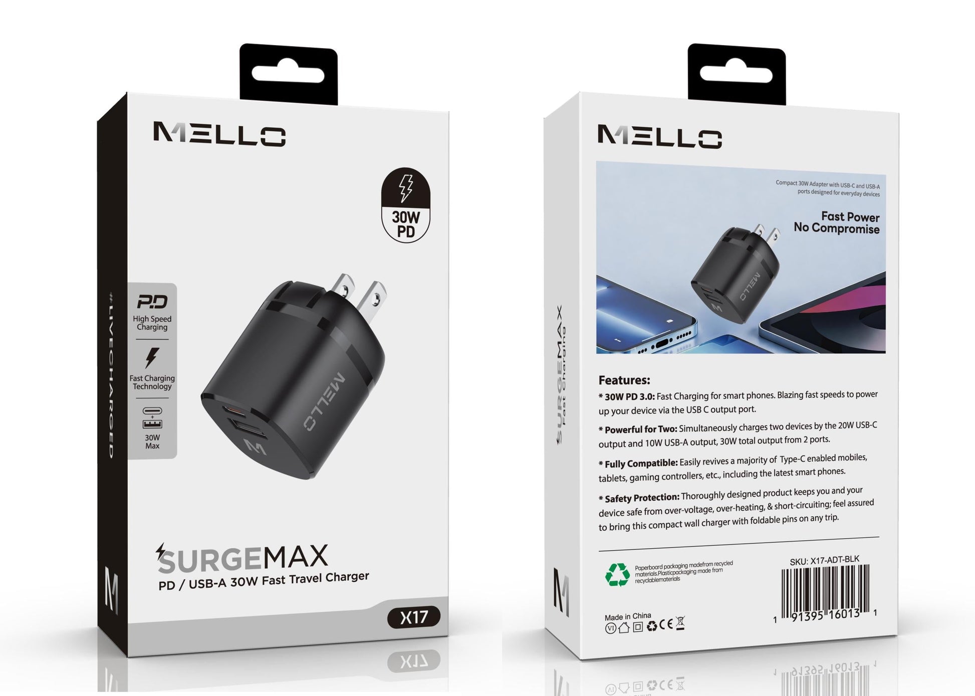 Mello SurgeMax X17 30W Wall Charger – USB-C + USB-A, Foldable Plug