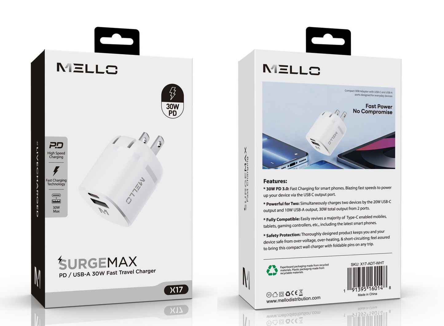 Mello SurgeMax X17 30W Wall Charger – USB-C + USB-A, Foldable Plug